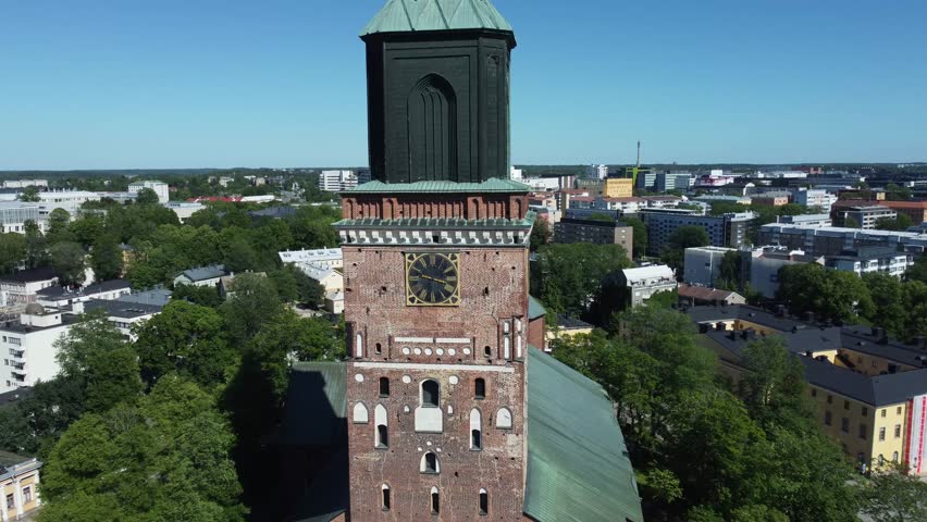 Aerial video of Turku Cathedral on a sunny summer day.