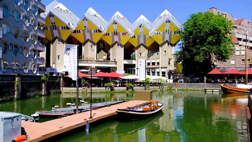 Famous cube houses, apartment buildings and restaurants face the Old Port of Rotterdam in South Holland, Netherlands.