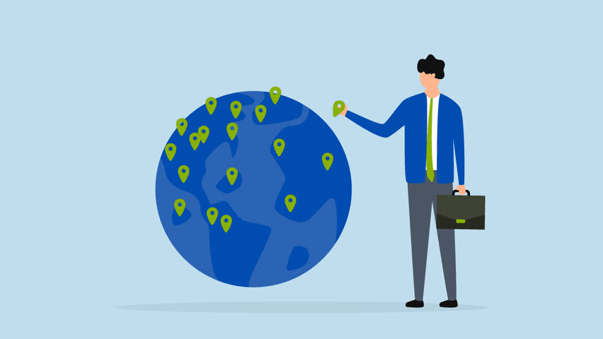 Global business expansion, 4k animation of businessman CEO put new branch pin on world map across globe.
