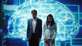 Portrait of cheerful team of admins using artificial intelligence computing simulating human brain. Smiling colleagues working with AI machine learning algorithms, camera B - Powered by Shutterstock - Get 15% off with code: PIKWIZARD15