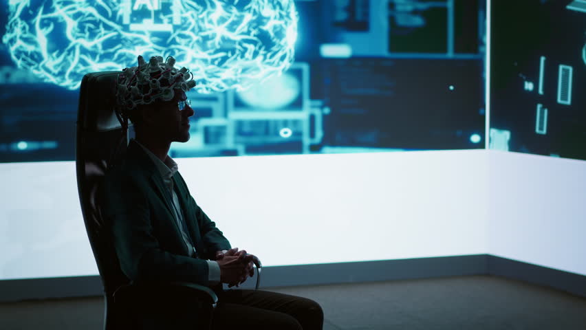 Speaker does EEG headset presentation during tech convention, demonstrating successful implementation of AI in driving forward startup businesses, sharing latest neuroscience discoveries, camera A