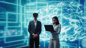 Technician wearing VR headset looks at hologram of artificial intelligence human brain simulation, assisted by colleague using laptop. Team of programmers interacting with AI visualization, camera B - Powered by Shutterstock - Get 15% off with code: PIKWIZARD15
