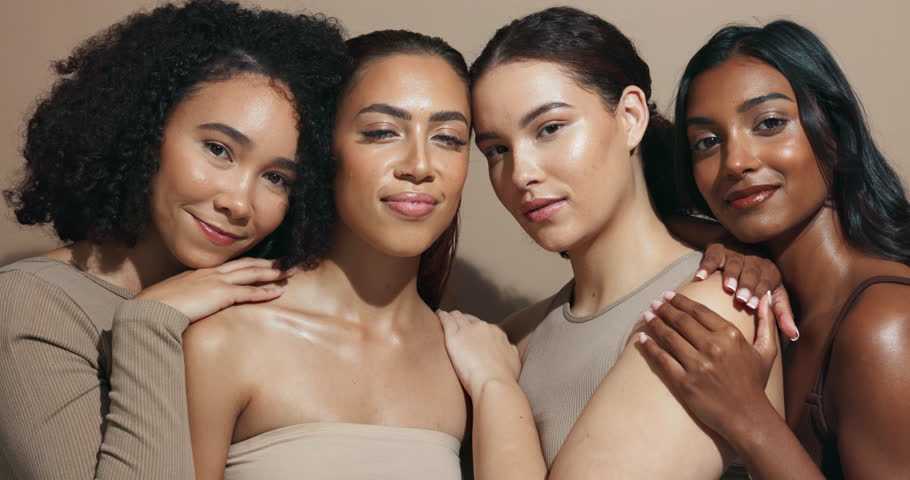 Diversity, women and blow kisses in studio background with smile for natural makeup and glow. Empowerment, portrait and happy or satisfied with skincare cosmetics for beauty with confidence and pride