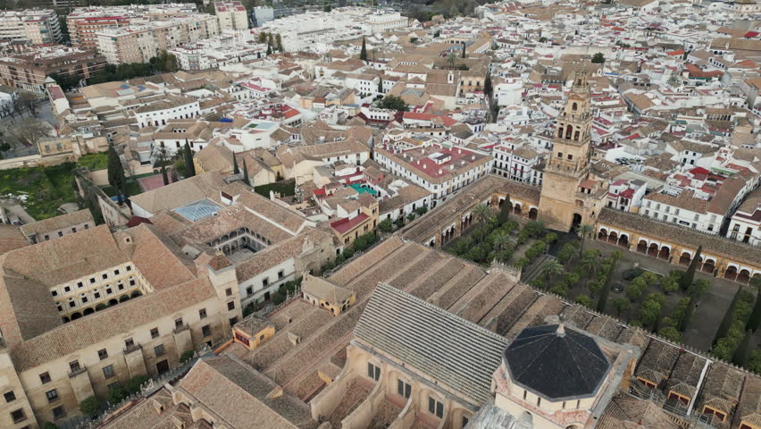 Captivating aerial capture of old town Cordoba, a historic medieval town situated in the heart of Andalusia province, Spain. Panoramic view.