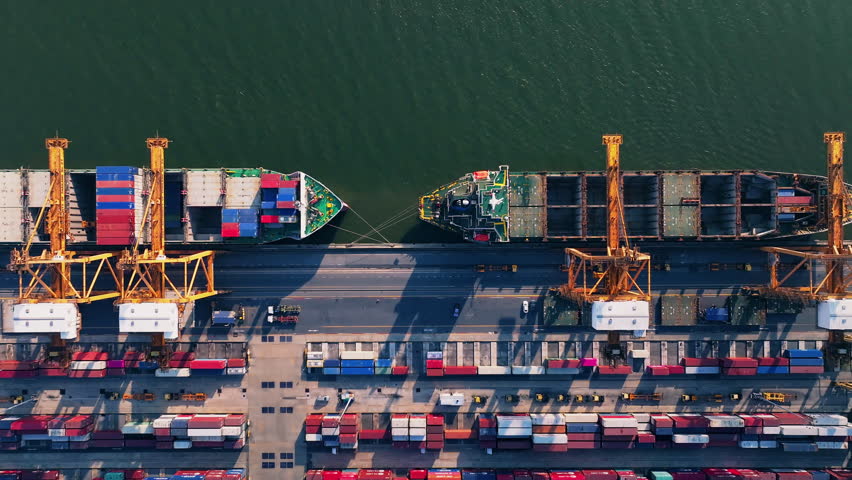 Cargo Ship getting loaded. Industrial cargo port. Logistic center. Import and export port and is part of a shipping dock. Aerial top view smart cargo ship carrying container. 