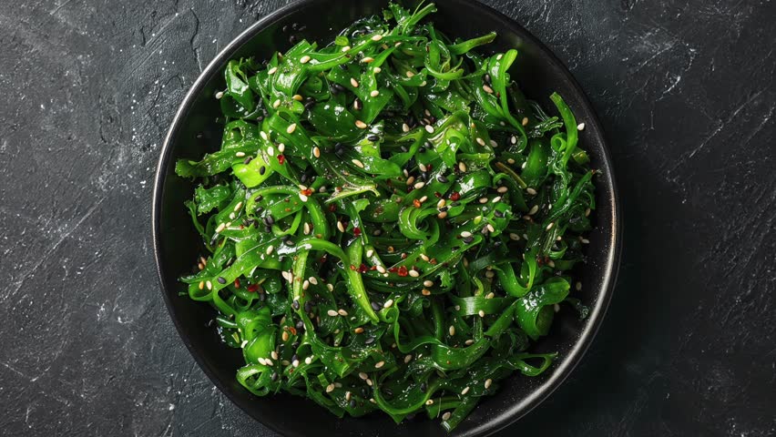 A top view of fresh seaweed salad served in a black plate on a dark textured background. Healthy and nutritious food concept.