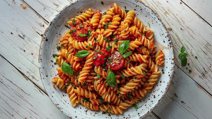 Top view of a plate filled with fusilli pasta in a rich tomato basil sauce, garnished with fresh herbs and cherry tomatoes on a rustic wooden background.