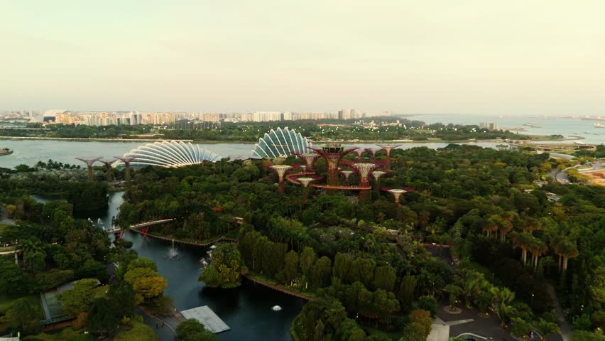 A drone shot of Gardens by the Bay in Singapore.