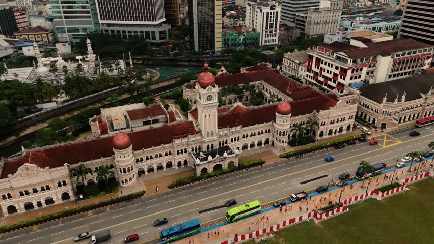 A drone shot of the Sultan Abdul Samad Building in Kuala Lumpur, Malaysia.
