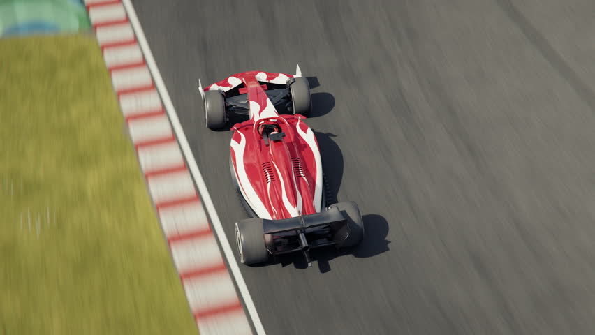 Camera orbits around a generic race car crossing the finish line. Dynamic drone shot. High to low angle front view camera. High quality 3d animation