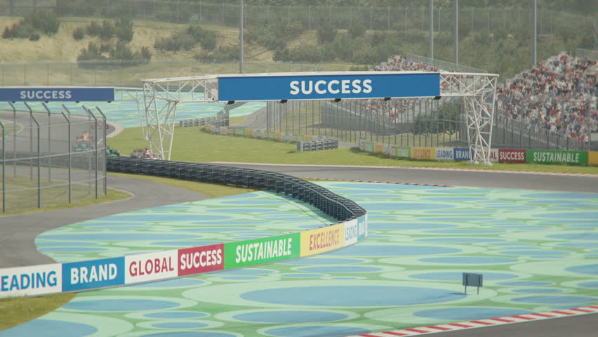 Camera zooms in and follows the leading race car driving around curve. Dynamic tracking shot. Multiple race cars. High quality 3d animation