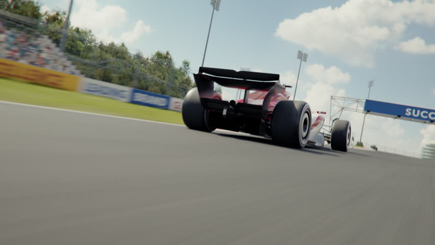 Low angle side view of a generic race car driving around a curve. Dynamic tracking shot. Multiple race cars. High quality 3d animation