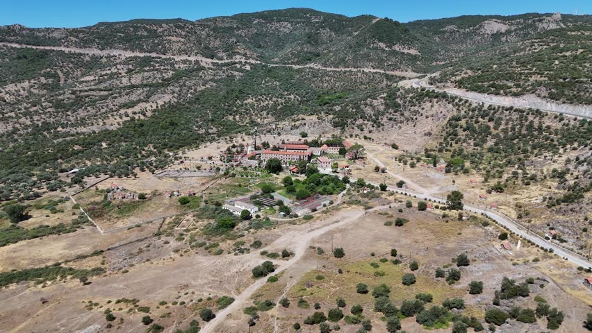 Saint Ignatios Monastery on the island of Lesvos, Greece, approaching the church with a drone 4k.