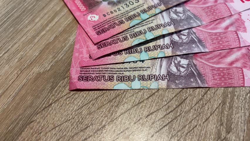 Close up shot of several 100,000 Indonesian Rupiah (IDR) banknotes spread neatly on a wooden textured table, representing wealth and Indonesian economy.