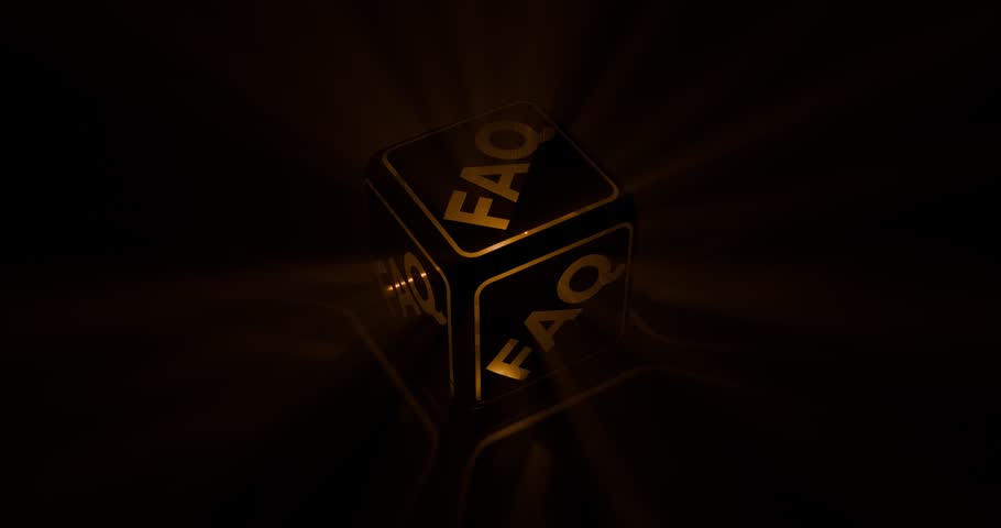 Iconic cube animation self emitting light rays through FAQ Frequently Asked Questions symbol on yellow amber misty dreamy environment fading to black background