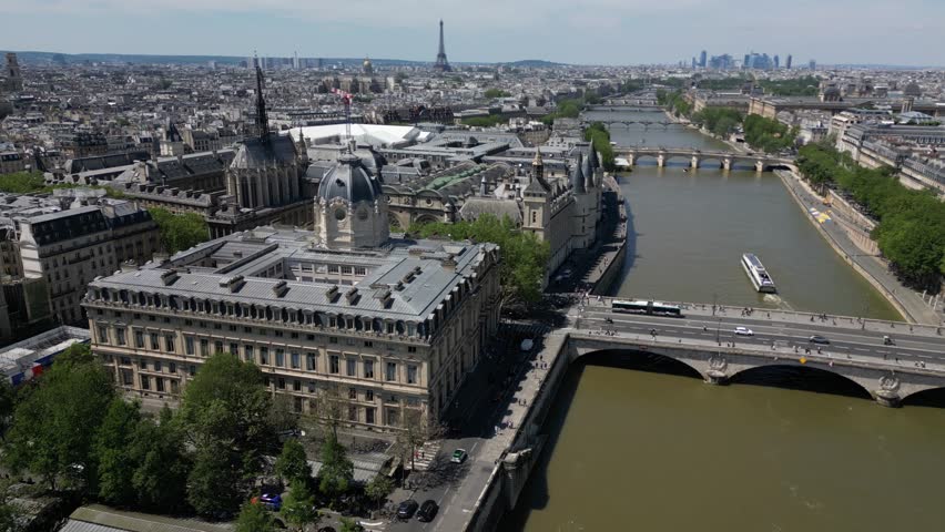 View from drone of La Seine in Paris