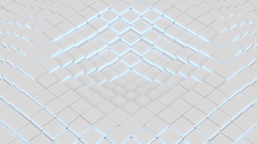 White cubes with neon lighting, wave motion, corporate abstract background, mosaic pattern, seamless looped animation. Concept business, big data. 3D render