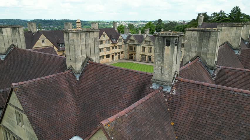 A drone shot of the Wills Hall in the University of Bristol in daytime in England, United Kingdom
