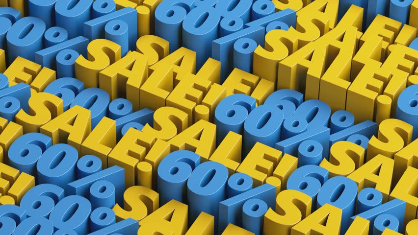 
Blue and yellow 60% off sale offer looped animation. 10 to 90 percent discount sale signs in a rows for flash sale, big deal, cyber week, hot deal, mega sale, black friday, black week advertising.