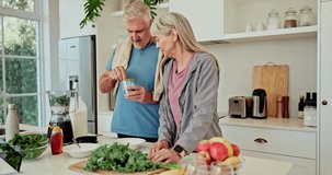 Fruits, smoothie and happy couple with healthy food, diet or drink for detox, fun and wellness in kitchen. Mature people eating and play with organic ingredients, nutrition and blender at home - Powered by Shutterstock - Get 15% off with code: PIKWIZARD15