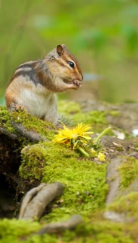 A vertical footage of a Siberian chipmunk stands on woods ground cleaning its paw in daytime with blur background