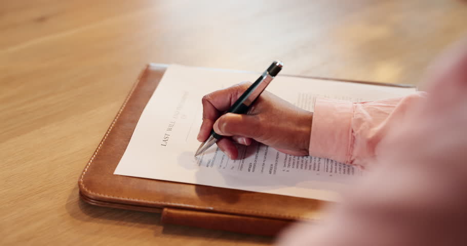 Woman, hands and writing on document in home for estate planning, enrollment paperwork and final wishes for inheritance. Person, completing and will form for assets, property and legal application.