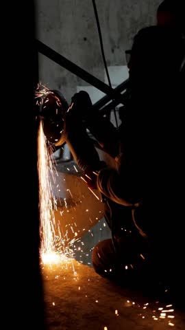 A circular saw cutting metal parts for construction and repair work, close-up in slow motion. Detailed view of the process in vertical video format.