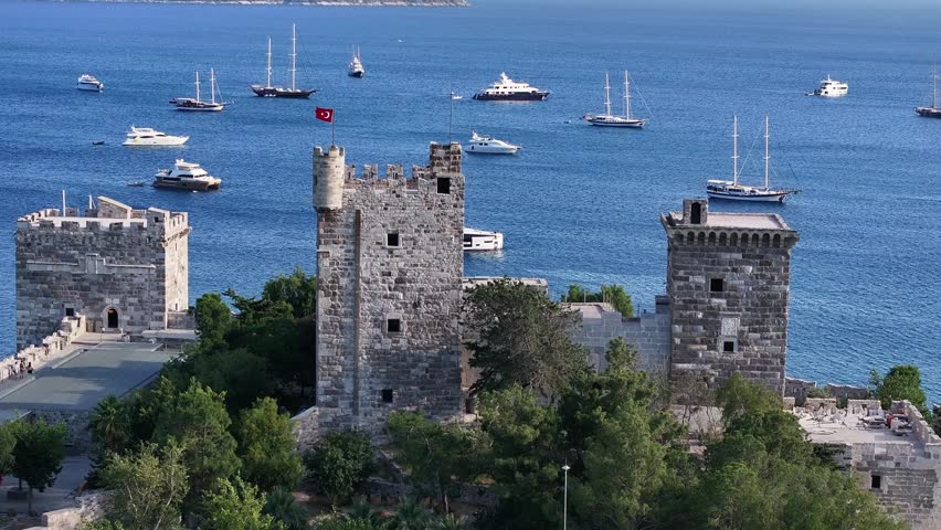 Bodrum Castle (Bodrum Kalesi) in the Bodrum City Center, Summer Season Drone Video, Bodrum Mugla, Turkiye (Turkey)