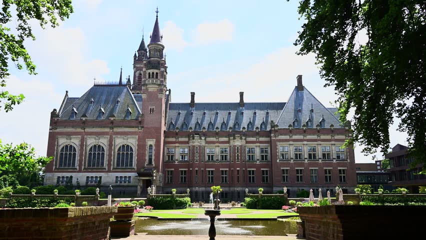 Side view of the Peace Palace, seat of the International Court of Justice in The Hague, Netherlands