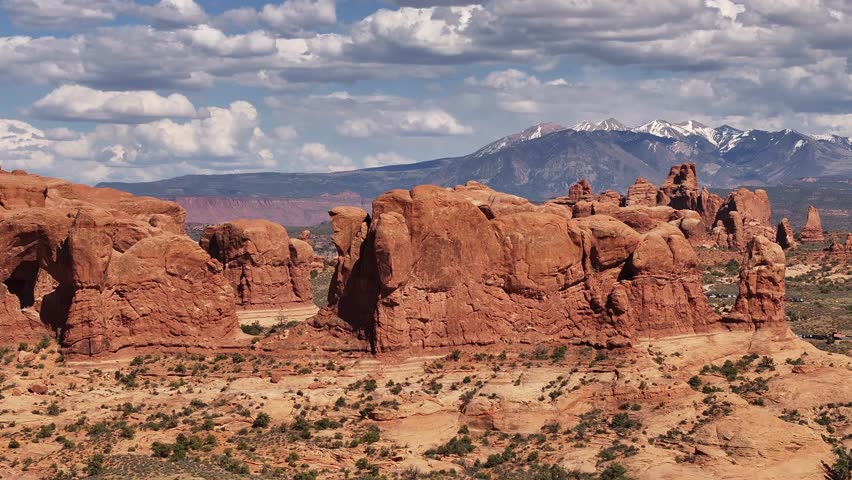 Beautiful panoramic view of Arches National Park with snowy Mt. Waas in the background. In Utah, USA.