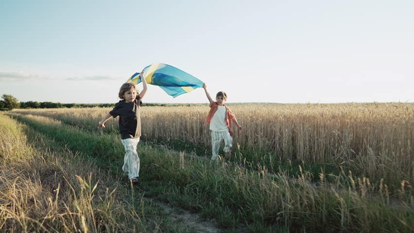 Swedish little kids - patriot children runs with national flag on nature background at summer sunset. Sverige celebration banner, holidays in Sweden