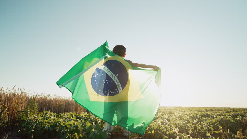 Brazilian little kid - football fan, child patriot with national flag on sky background at summer sunset. Brazil celebration banner, holidays in America