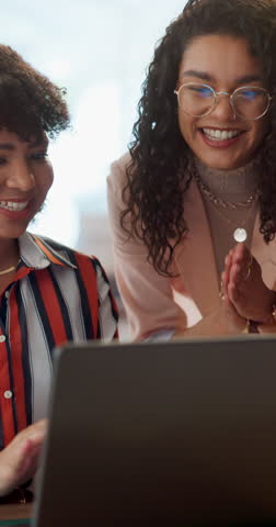 Celebration, laptop or professional people high five for export delivery, sale success or startup store order. Achievement, cooperation or team excited for customer service review, feedback or report