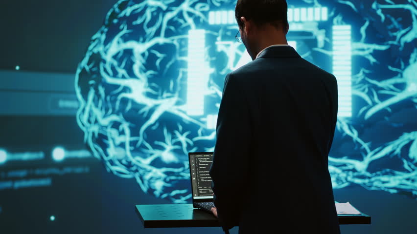 Startup employee looking over business charts, using AI software to take data driven decisions in tech industry. IT expert developing innovative artificial intelligence solutions for company, camera A