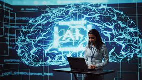 Technician in high tech workspace managing call center tasks, speaking into headset while doing monitoring with laptop. AI company employee talking with clients through headphones mic, camera B - Powered by Shutterstock - Get 15% off with code: PIKWIZARD15