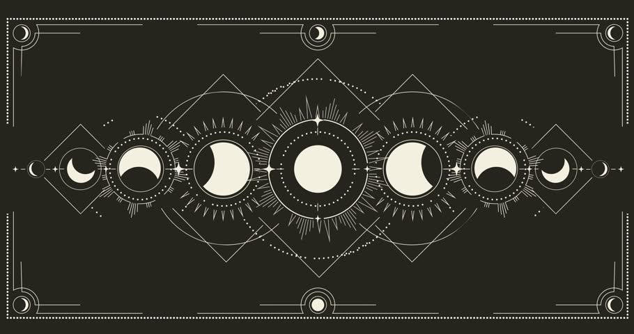 Moon phases. Moving mystical astrology banner with moon activity stages. Black and white magic poster with full moon and crescent. Moonlight cycle. Outline style graphic animated video clip
