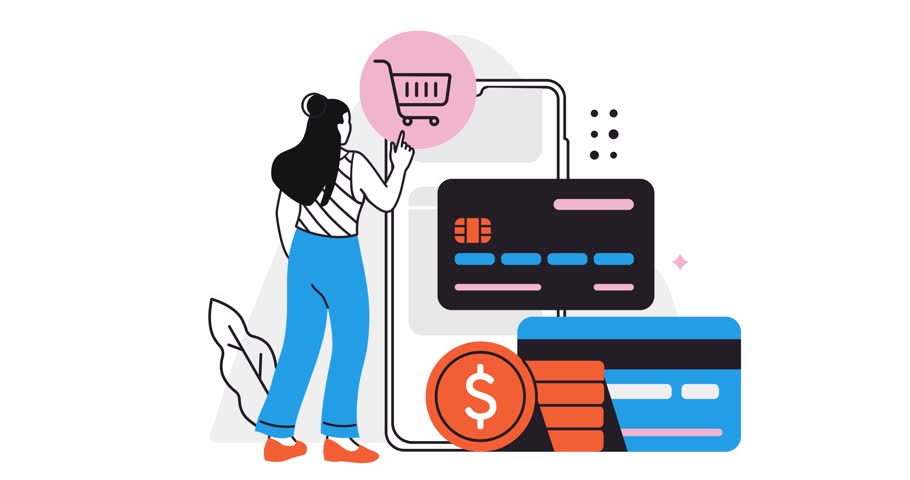 Credit approval. Moving banner with woman standing next to large smartphone and bank card. Character with good credit score receives loan for online shopping. Flat style graphic animated video clip