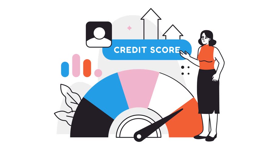 Credit approval. Moving banner with woman standing next to customer credit score indicator. Character bank employee issues loan to client with good credit history. Flat style graphic animated video