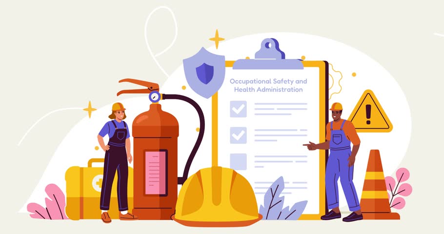 OSHA landing page. Occupational safety regulation and health inspection. Workers in safety helmets. Life insurance and prevention of injuries at work. Cartoon style graphic animated video clip