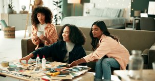 Girl, students and discussion for creative project with mission board, swatches and supplies for decoration of dorm room. Friends, planning and conversation with color choice for diy and remodeling. - Powered by Shutterstock - Get 15% off with code: PIKWIZARD15