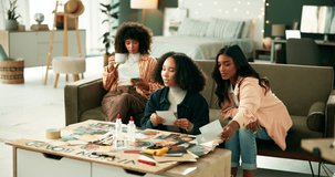Girl, friends and conversation for creative project with mission board, swatches and supplies for decoration of dorm room. Students, planning and discussion with color choice for diy and remodeling. - Powered by Shutterstock - Get 15% off with code: PIKWIZARD15