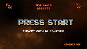 PRESS START INSERT A COIN TO CONTINUE .pixel art .8 bit game.retro game. for game assets in vector illustrations.Retro Futurism Sci-Fi Background. glowing neon grid.and stars from vintage arcade comp - Powered by Shutterstock - Get 15% off with code: PIKWIZARD15