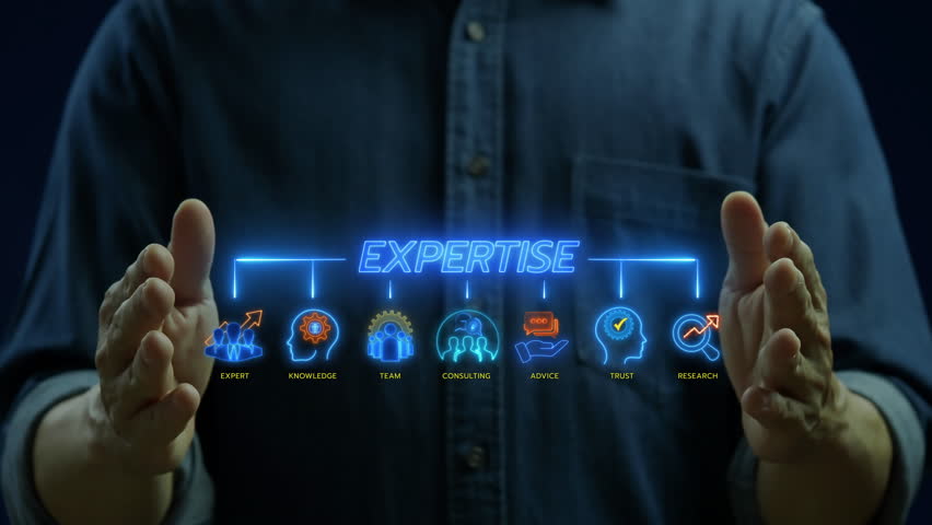 Expertise concept for representing knowledge with icon of expert, consulting, knowledge, team, advice, trust and research. Businessman showing expertise banner icons isolated on transparent background