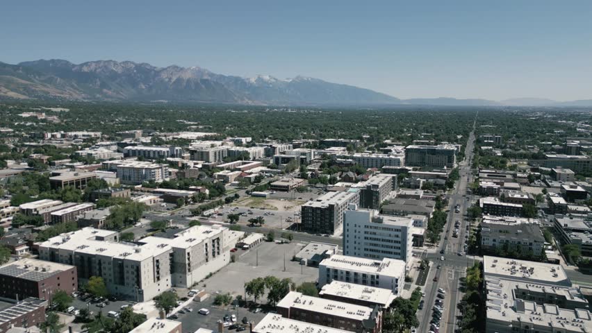 Urban Salt Lake City mountain background drone landscape