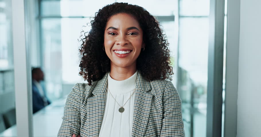 Face, business woman and happy with trust, office and affirmative action in finance agency for about us. Female person, smile and pride for job opportunity in career, asset management company