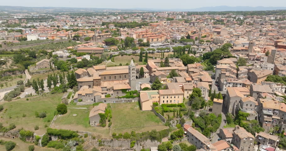 Aerial view of Palazzo dei Papi in Viterbo, Italy. It is a historical papal palace located alongside the Cathedral of the city. It is the most important monument in the town.