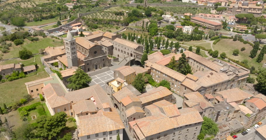 Aerial view of Palazzo dei Papi in Viterbo, Italy. It is a historical papal palace located alongside the Cathedral of the city. It is the most important monument in the town.