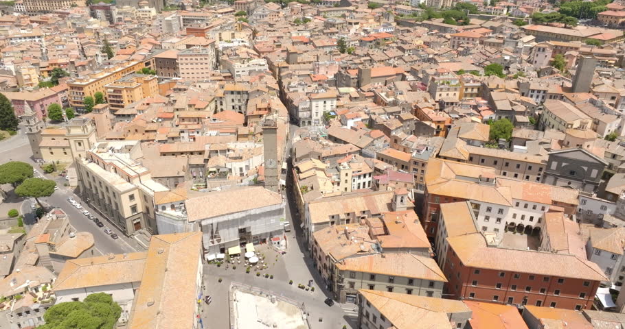 Aerial view of the Civic Tower in Piazza Plebiscito in Viterbo, Lazio, Italy. It is one of the symbols of the historic center of the city.