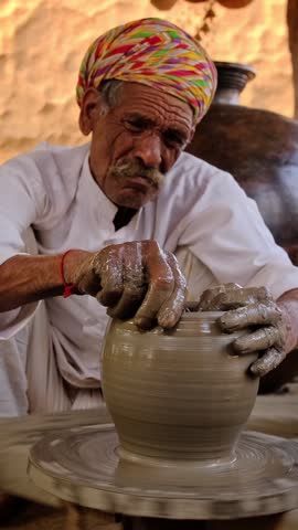 Indian potter at work: throwing the potter's wheel and shaping ceramic vessel and clay ware: pot, jar in pottery workshop. Experienced master. Handwork craft from Shilpagram, Udaipur, Rajasthan, India