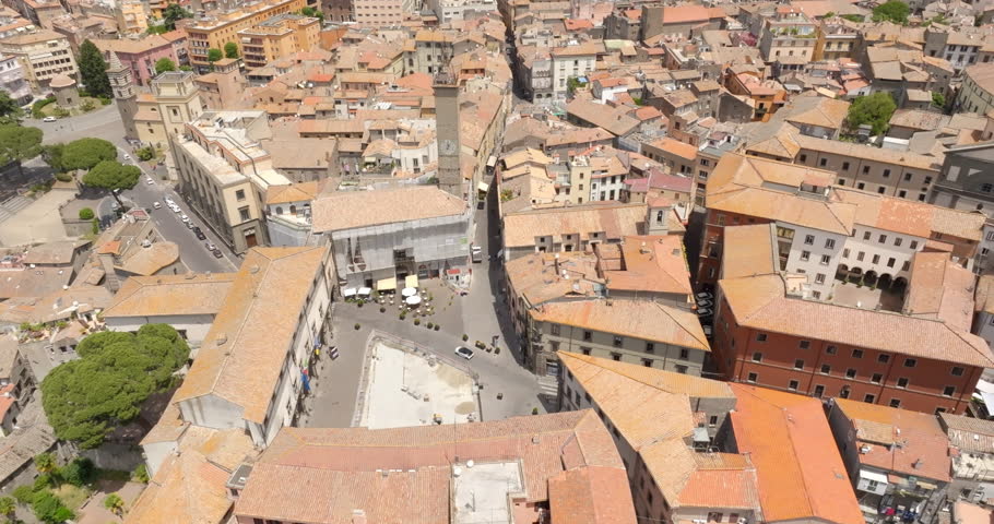 Aerial view of the Civic Tower in Piazza Plebiscito in Viterbo, Lazio, Italy. It is one of the symbols of the historic center of the city.